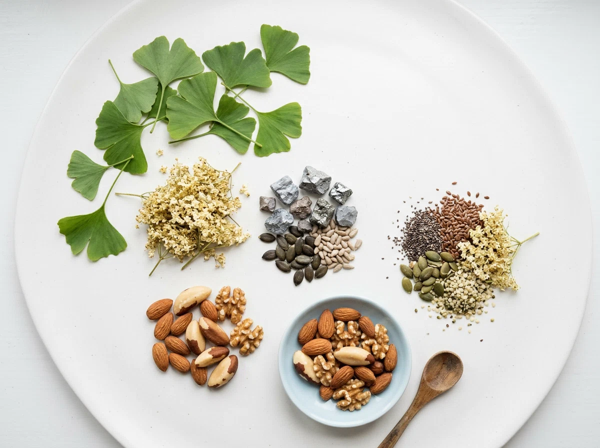 Ginkgo biloba blade, zink-mineraler og magnesiumholdige nødder - naturlige ingredienser til ørets sundhed